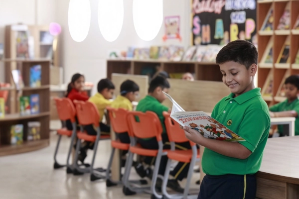 TSUS student engaged in joyful reading in the school library
